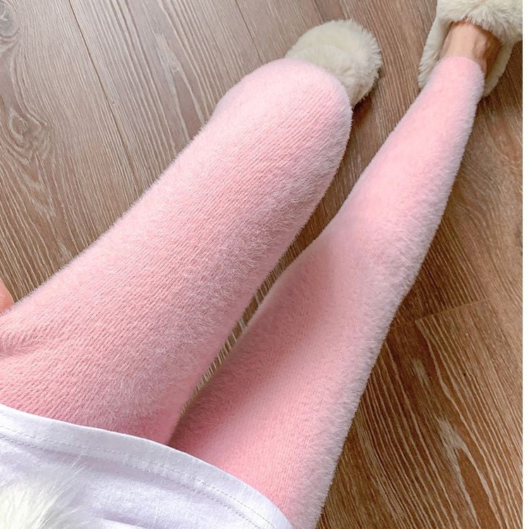 Pink Mink Velvet Pants Women High Waist Elasticity Plush Casual Thermal Leggings Tight Knitted Straight Wear Outside Trousers