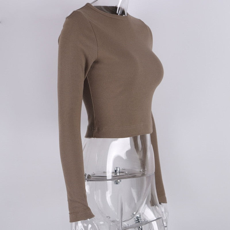 O Neck Long Sleeve Shirt Women Ribbed Sexy Cropped Tops 2024 Spring Black Casual Skinny Slim Basic Woman T Shirts White