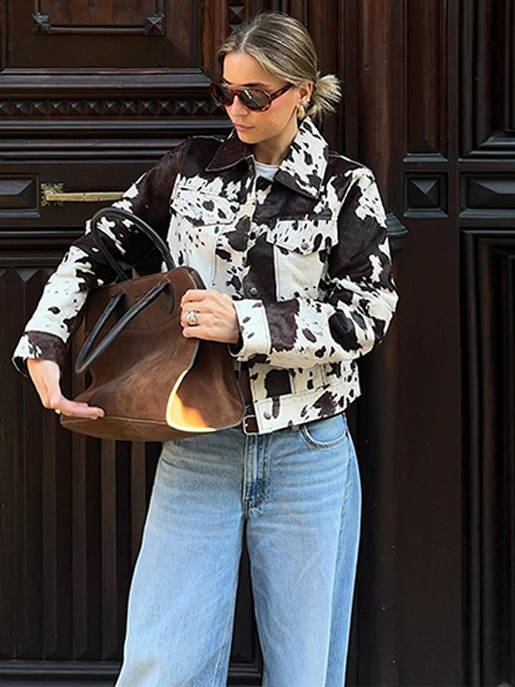 Fashion Women's Cow Print Jacket Lapel Collar Short Length Zipper Button Coats 2025 Autumn Winter Female Trendy Warm Outerwear