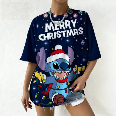 Women's Disney Stitch Christmas Tee Summer Oversized Short Sleeve Top Streetwear Daily Fashion & Trendy Outfits Casual T-Shirt