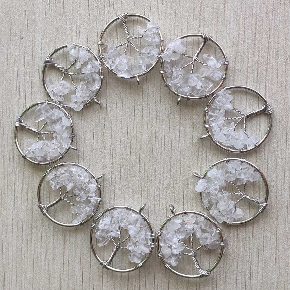 Natural Amethysts Roses Quartz Stone Handmade Wire Wrapped Tree of Life Pendants 30mm for Jewelry Marking Wholesale 12pcs/lot