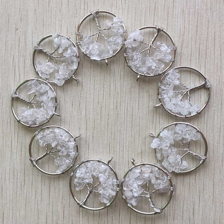 Natural Amethysts Roses Quartz Stone Handmade Wire Wrapped Tree of Life Pendants 30mm for Jewelry Marking Wholesale 12pcs/lot