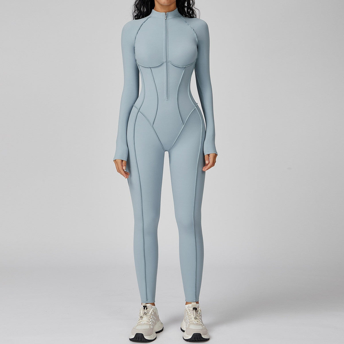 Women's Yoga Jumpsuit Long Sleeved Stand Collar Half Zip High-Intensity Workout One Piece Contrast Color Gym Fitness BodySuit