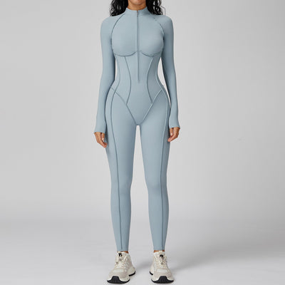 Women's Yoga Jumpsuit Long Sleeved Stand Collar Half Zip High-Intensity Workout One Piece Contrast Color Gym Fitness BodySuit