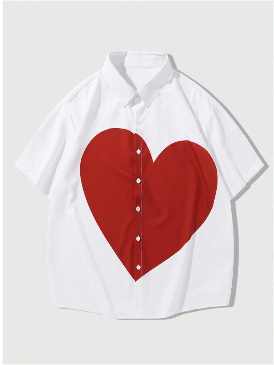 2024 Summer Shirt Men Hawaiian Men Short Sleeve Love Button Lapel Shirt Print Men Beach Travel Leisure Oversized XS-5XL