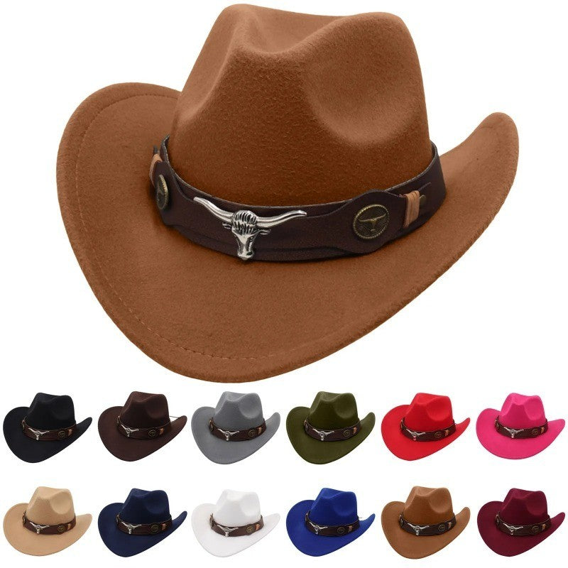 New Felt Western Cowboy Hat Ox Head Accessories Ethnic Style Roll Brim Cowgirl Cap with Cow Band Soft Jazz Fedora Hats Men