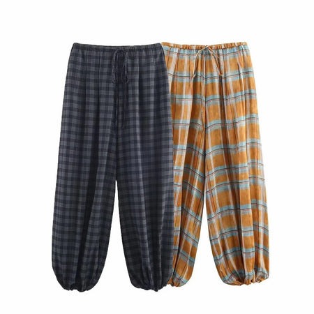 Women's 2025 Autumn Fashion Versatile Ramie Bloomers Plaid Printed Loose Pants Female High-Waist Drawstring Casual Trousers