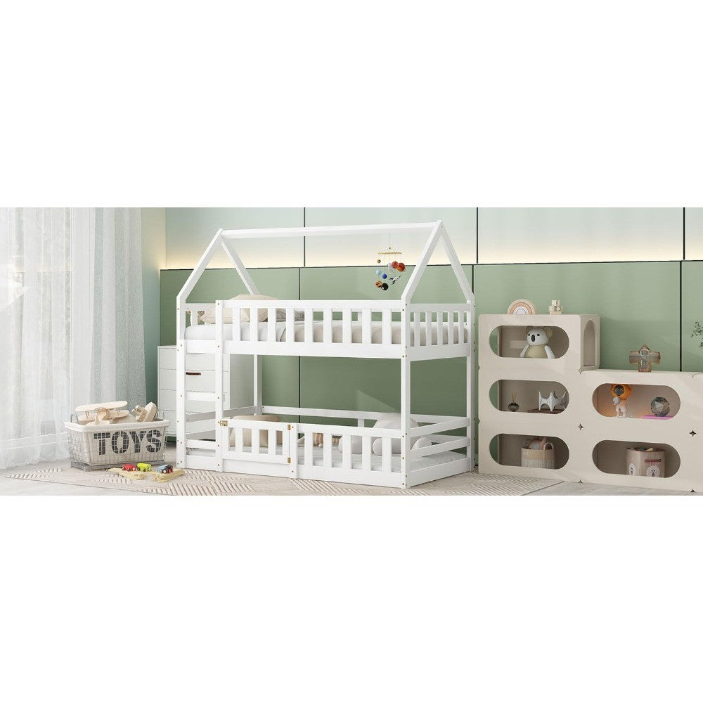 Twin Over Twin House Bunk Bed Frame for Boys Girls Kids Adults Toddler with Fence and Door, White