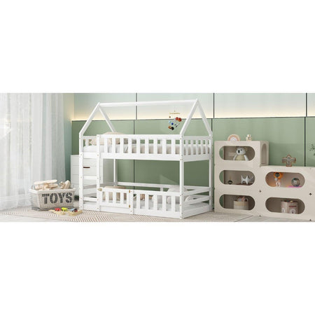 Twin Over Twin House Bunk Bed Frame for Boys Girls Kids Adults Toddler with Fence and Door, White