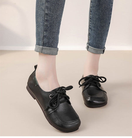Vintage Plain Oxfords Shoes Women's Genuine Leather Flats Ladies Laced Up Moccasins Elderly Woman Square Toe Driving Loaferss