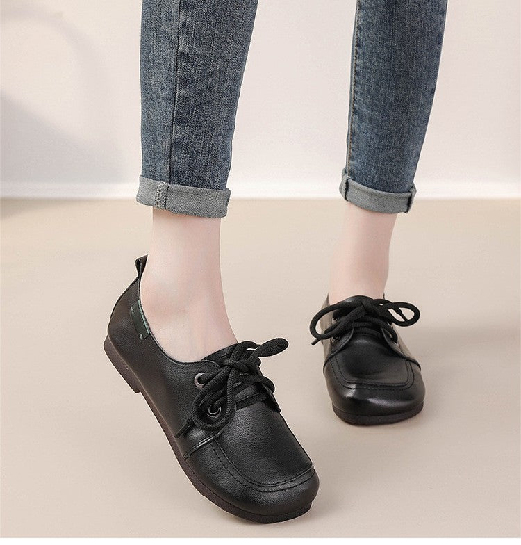 Vintage Plain Oxfords Shoes Women's Genuine Leather Flats Ladies Laced Up Moccasins Elderly Woman Square Toe Driving Loaferss