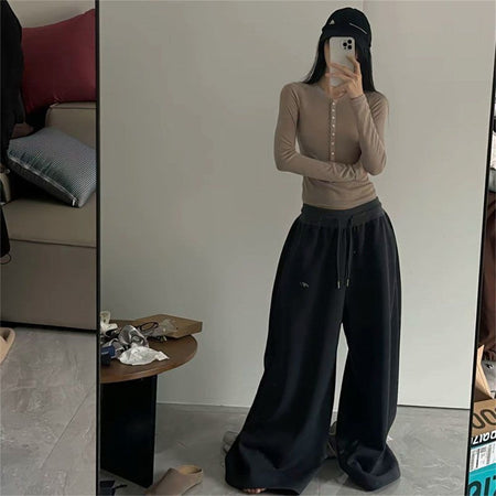 Oversize Woman Grey Black Sweatpants Y2K Korean Streetwear Loose Casual Jogger Pants High Waist All Match Drawstring Trousers