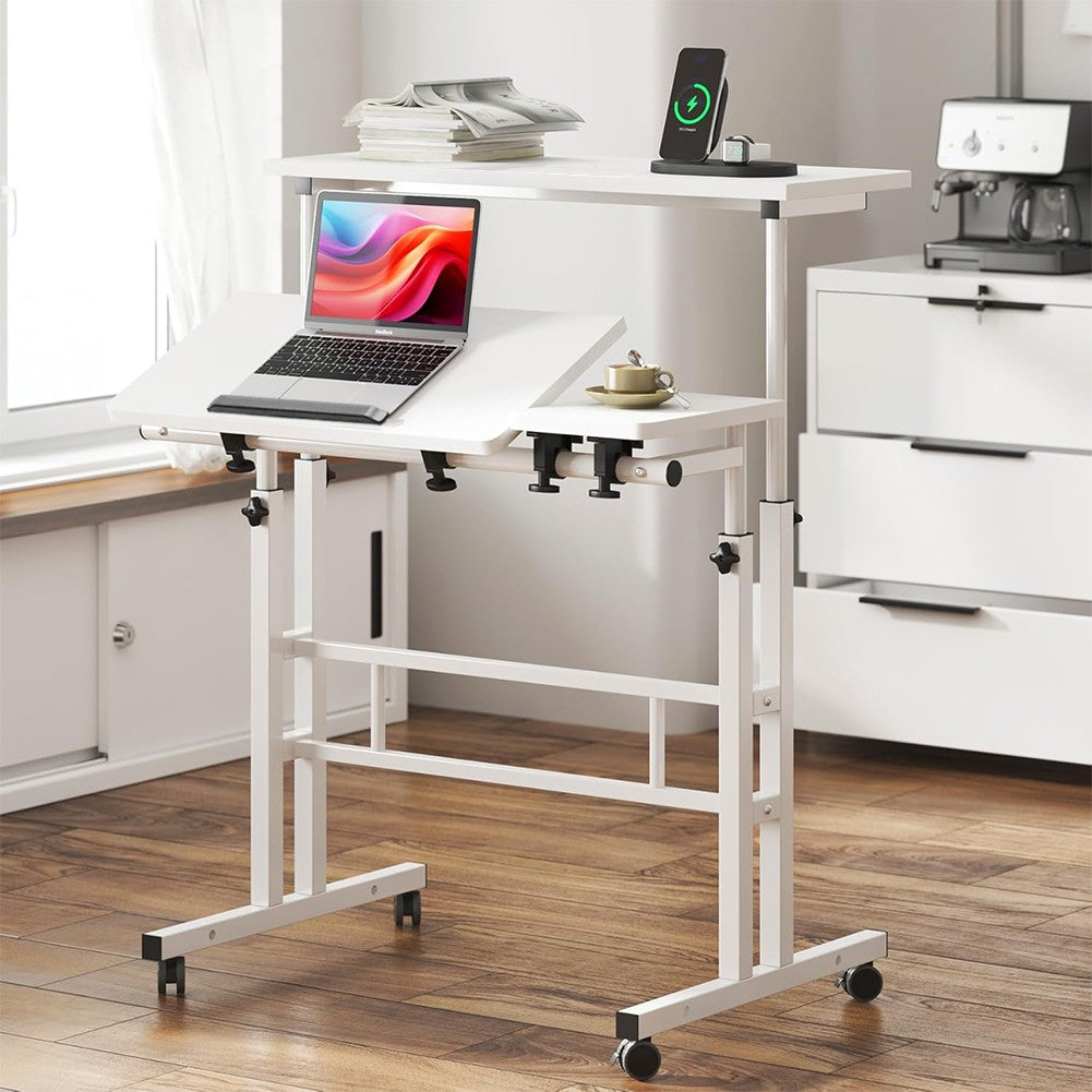 Mobile Desk With Folding Table Top, Height Adjustable Computer PC Table Workstation Laptop Stand with Rollers for Home Office