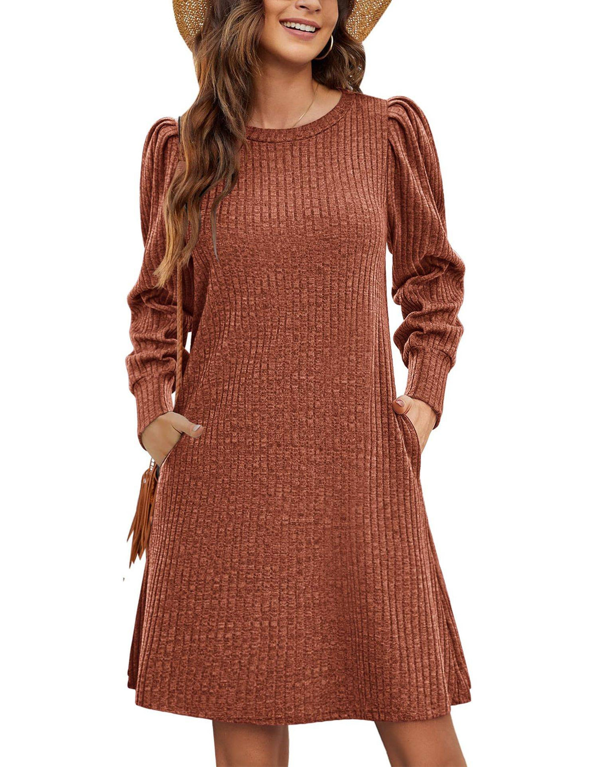 Y2K autumn and winter women's crew neck solid color sweater bubble sleeve fashion commuter dress comfortable casual loose dress