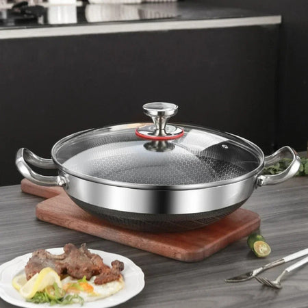 32cm 304 Stainless Steel Frying Pan Food Grade Non Stick Pan Honeycomb Pot Bottom Induction Cooker Gas Stove General Wok