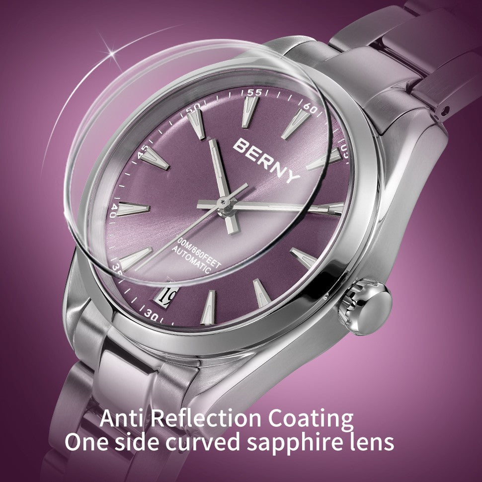 BERNY Automatic Women Watch PT5000 Sapphire Mechanical Elegant Women's Swim Watches 20ATM Full Stainless steel Swim Wristwatch