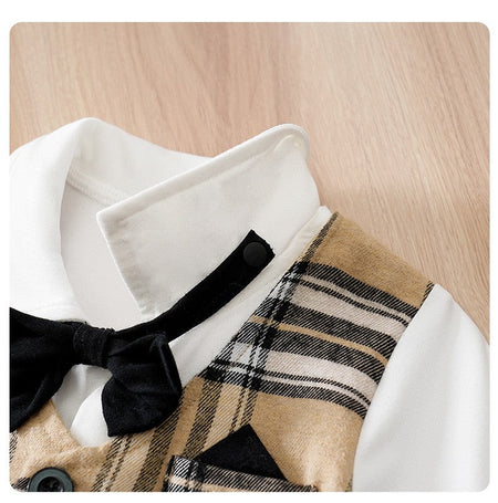 Newborn Baby Boy Clothes white baby onesie with khaki check print One-piece Vest gentleman's spring and autumn pajamas