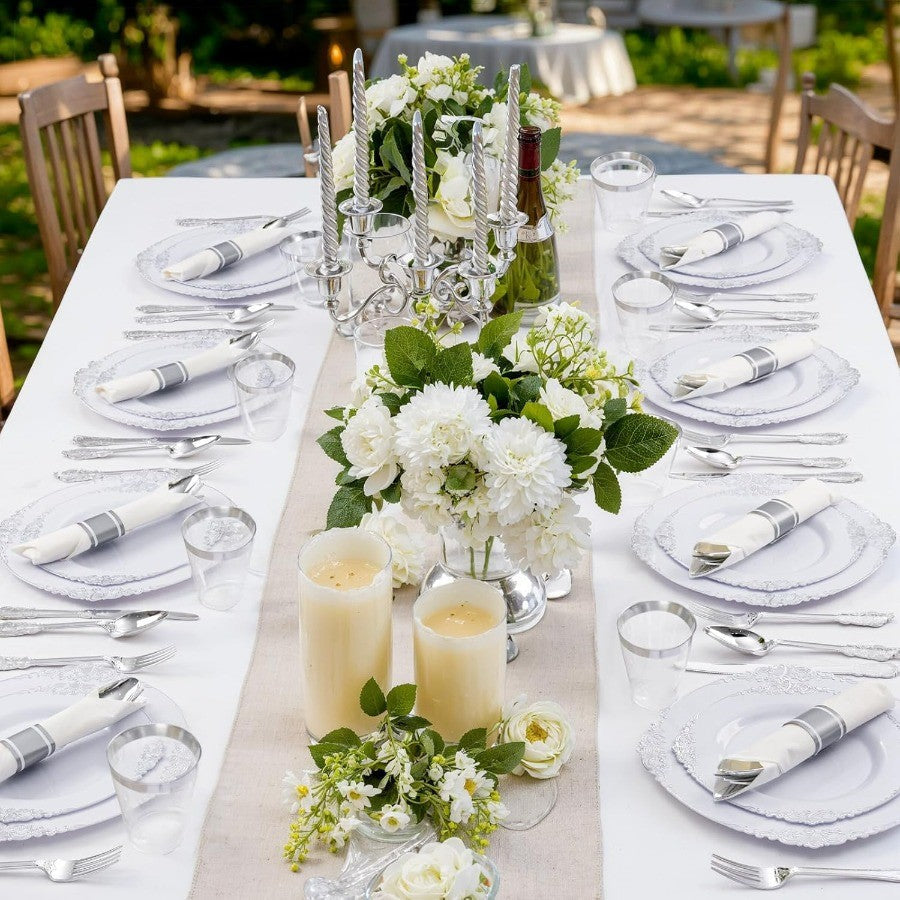 350PCS Silver Plastic Plates and PreRolled Napkins for 50 Guests Disposable Dinnerware Set with 100 Silver Disposable Plates 15