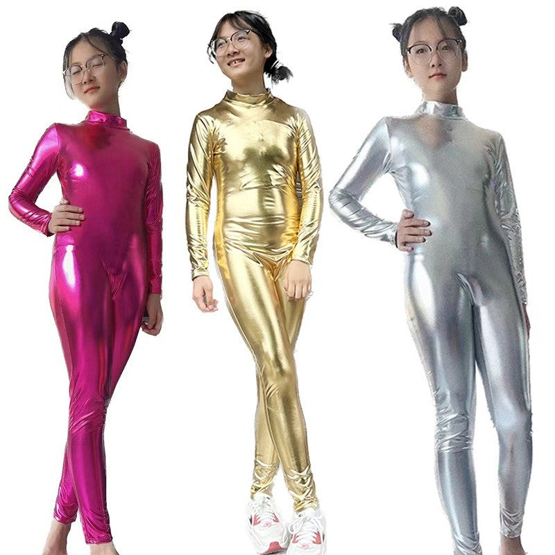 Kids Shiny Full Body Zentai Suit Metallic Tight Jumpsuit Halloween Cosplay Stage Performance Costume for Girls Boys
