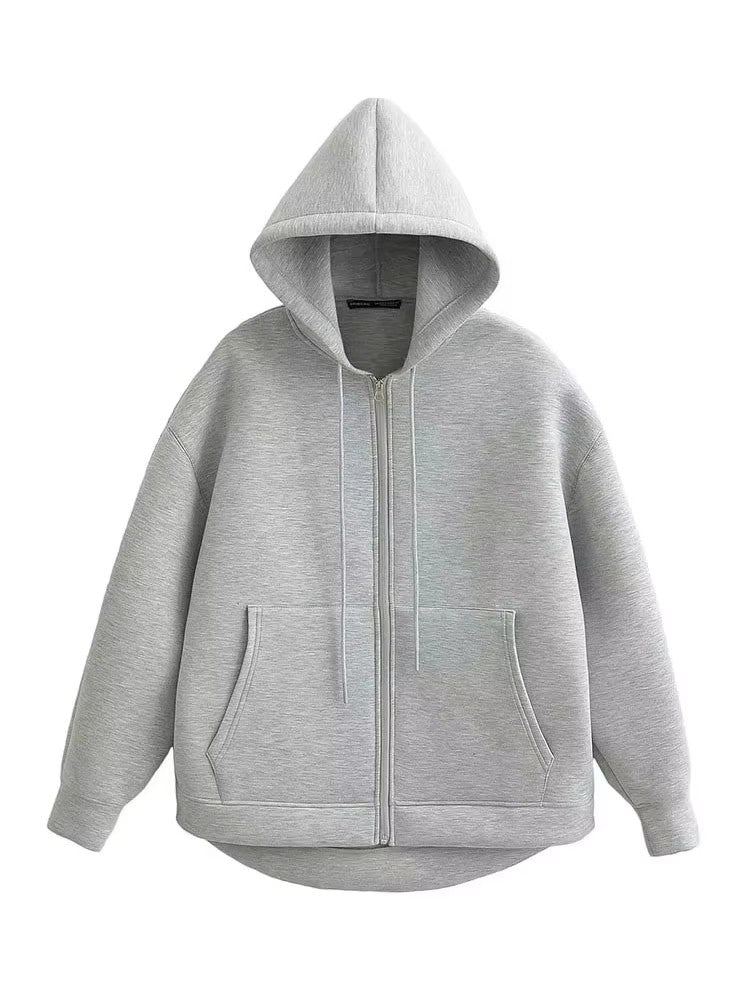HH Autumn Winter Women's Zipper Hoodie Coat High Street Double Pockets Oversize Jakcet Loose Sweatshirts Outerwear Top