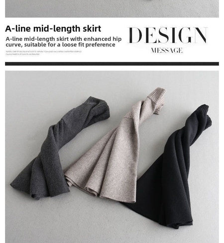 Autumn Winter Women's Mid-Length Knitted Pleated Skirt High Waist A-Line Long Skirt Loose Fuzzy Wool Skirt Double ket