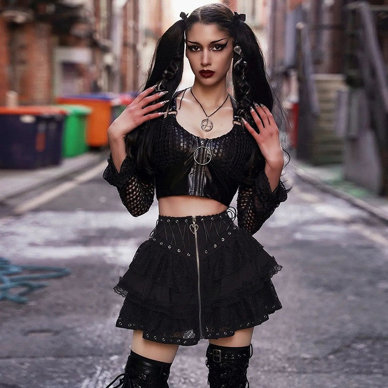 Zipper Front Women's Punk Vintage High Wasit Skirt Japanese Style Kawaii Black Harajuku Gothic Skater Cosplay Mini Skirts