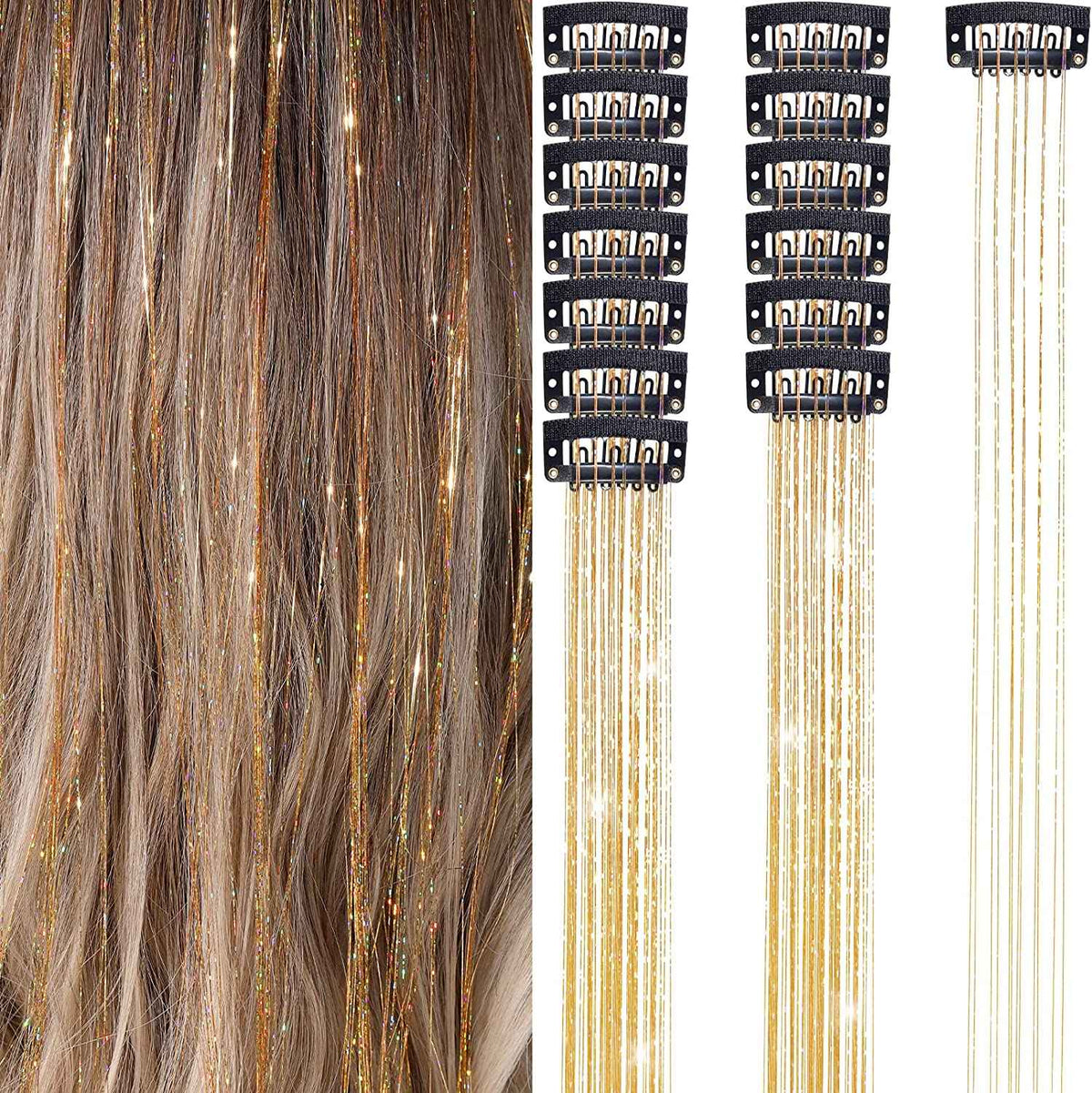 6Pcs 50cm Sparking Shiny Hair Tinsel Hair Extensions Tinsel Synthetic Hair Clip  Extensions Women for Braiding Headdress