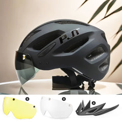 PJT Adult Bike Helmet With Rechargeable LED Rear Light Dual Mode Goggle Cycling Helmet MTB Lightweight Breathable Bicycle Helmet