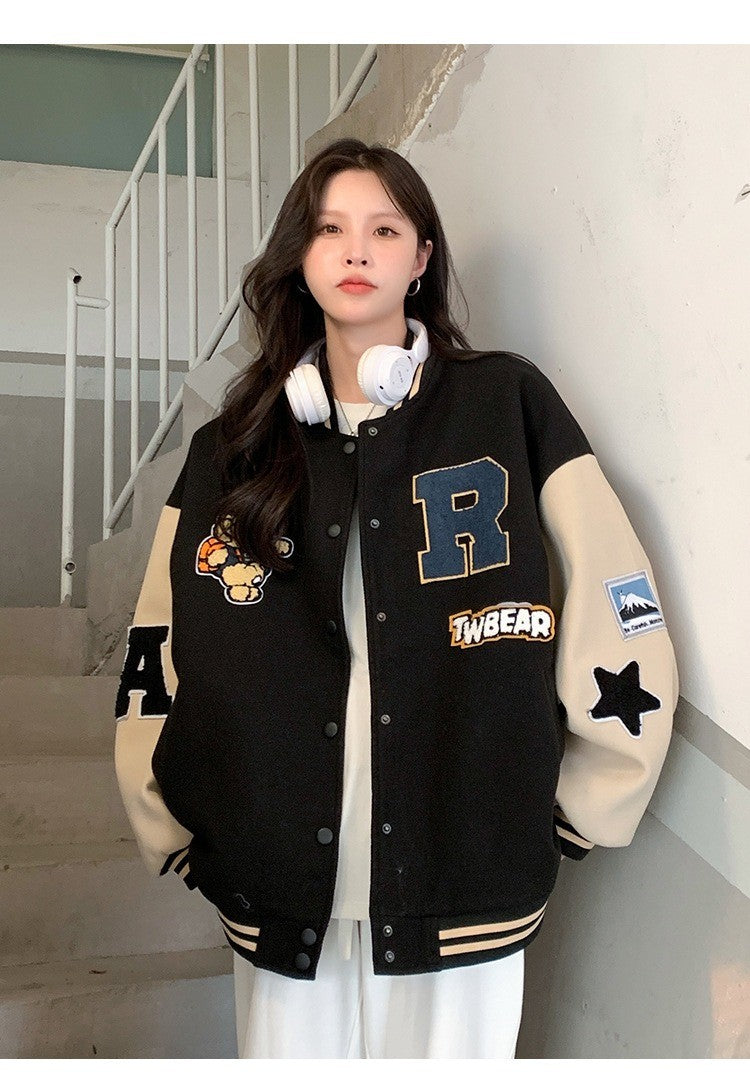 New Autumn and Winter Padded Baseball Jersey Women American Retro Loose Sweater Women Jacket