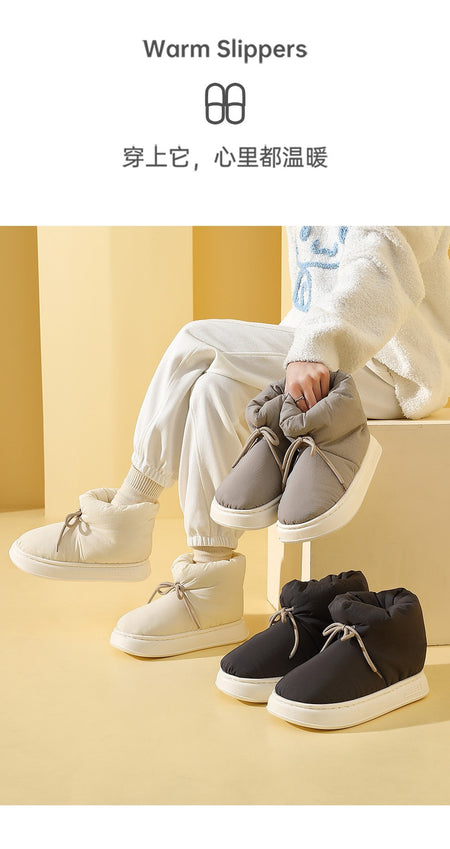 Winter Warm Thick Furry Women Ankle Boots Indoor Lace-up Plush Slippers Ladies Men Home Cotton Shoes