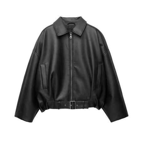 Street Stand Collar Women's Leather Jacket Loose Long Sleeve Zipper Pockets Chic Female Coats 2025 Autumn Winter Lady Outerwear