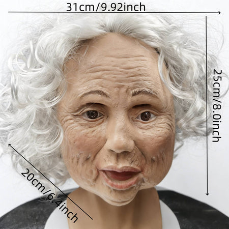 Realistic Old Woman Latex Mask with White Curly Hair, Full Head Elderly Grandma Mask for Halloween Cosplay, Horror Costume Party