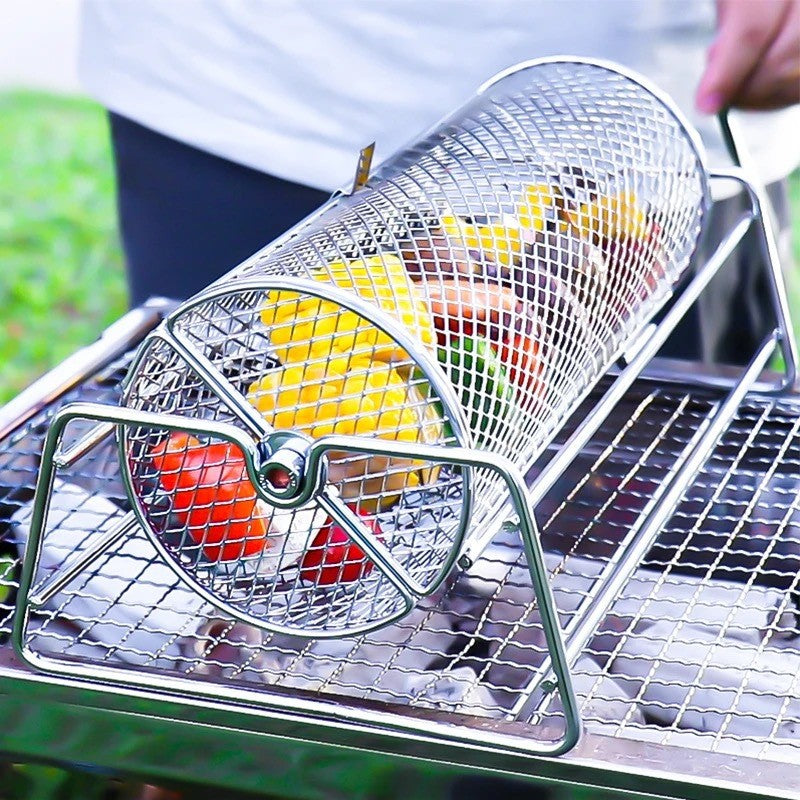 1 Rotating BBQ Grill Basket - Stainless Steel Mesh Roasting Cage with Handle, Portable Rolling Grill for Camping & Picnics