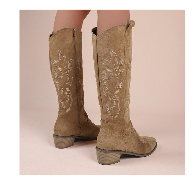 Embroidered Western Cowboy Boots for Women Autumn Pointed Toe Thick Heel High Knee Boots Woman Loose PU Leather Long Botas Mujer
