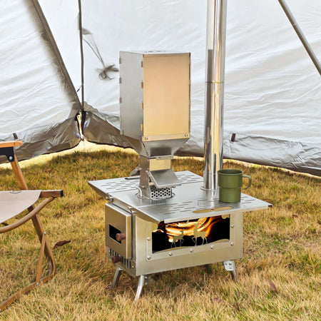Hot Tent Wood Burning Stove Folding Stainless Steel 5-Section Chimney Outdoor Camping Wood Heater with Cooking Wing Panels