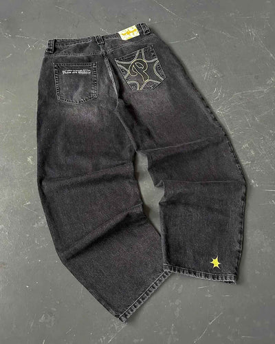 Y2K American New Trend Hip-hop Gothic Embroidered Jeans Men's Street Harajuku Leisure Loose Straight Wide-leg Pants Unisex Jeans