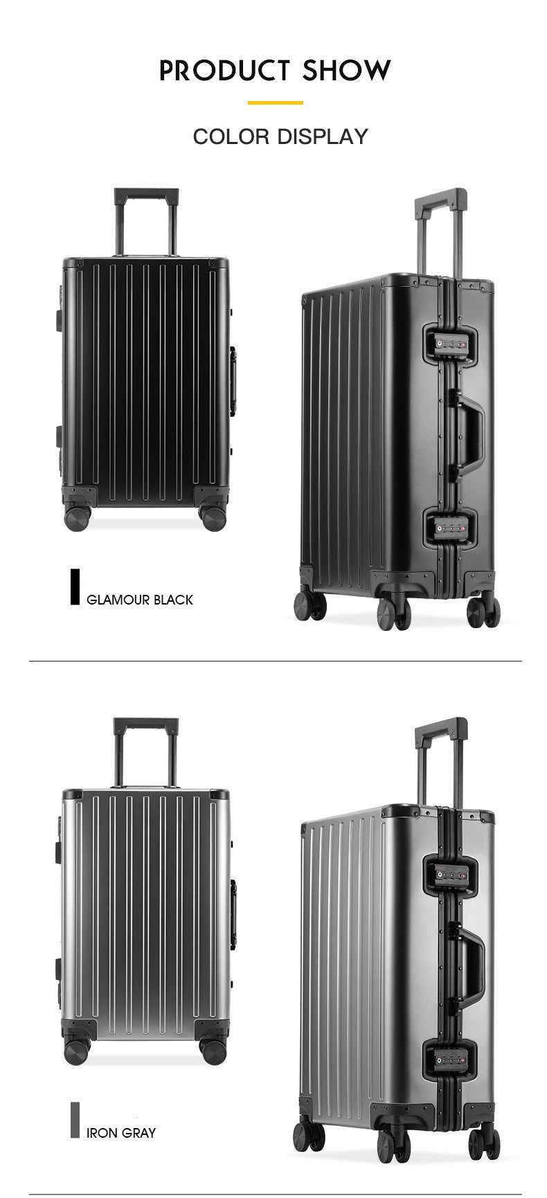 All-aluminum-magnesium alloy suitcase: women's 24-inch aluminum-framed swivel trolley case, men's 20-inch boarding travel metal