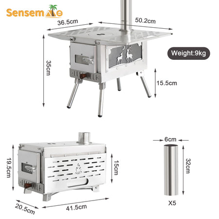 Hot Tent Wood Burning Stove Folding Stainless Steel 5-Section Chimney Outdoor Camping Wood Heater with Cooking Wing Panels