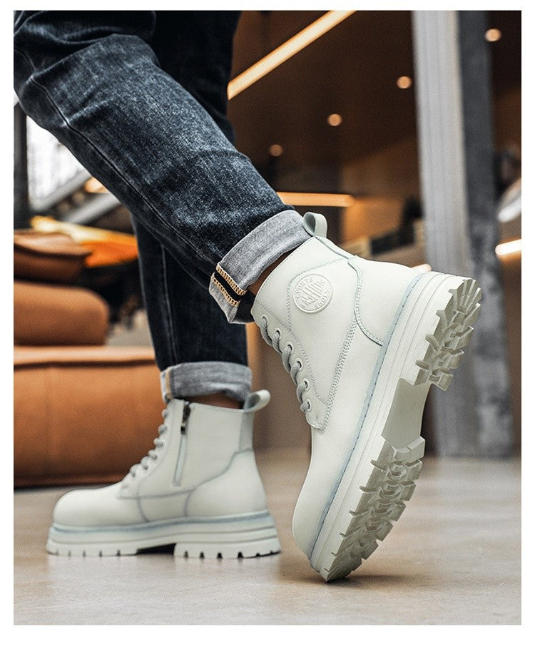 New winter men's shoes rain boots motorcycle leather shoes plush warm outdoor leisure high-top lace-up women's boots