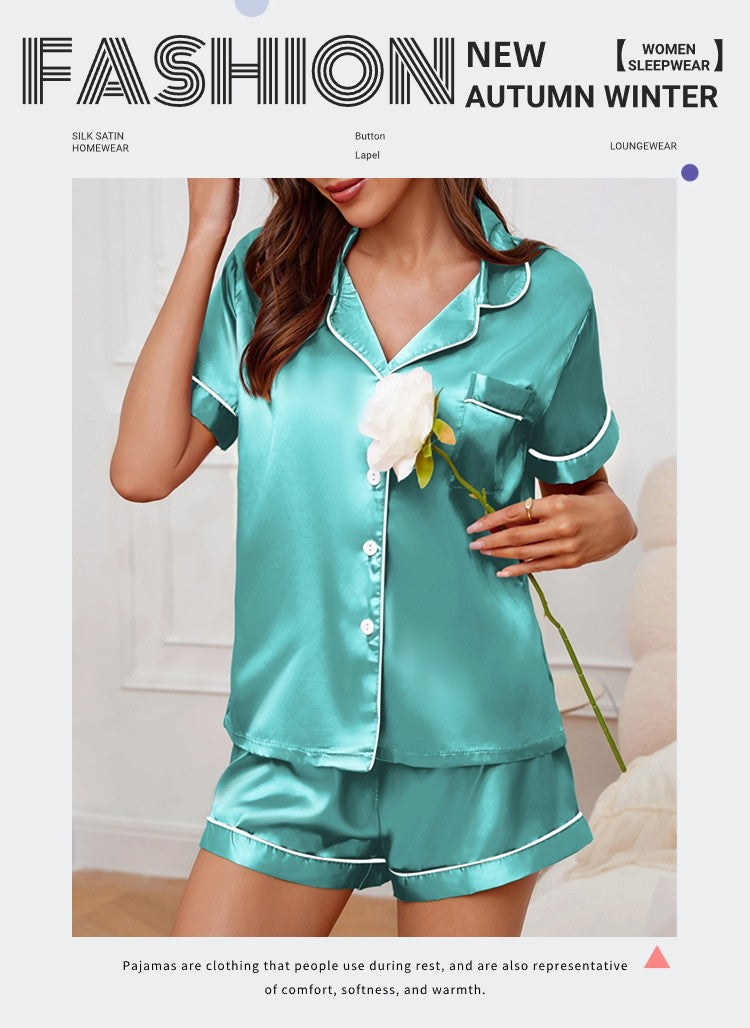Luxurious Satin Pajama For Women Turn-down Collar Button Top & Shorts Sleepwear & Loungewear for Summer Home Clothes Suit