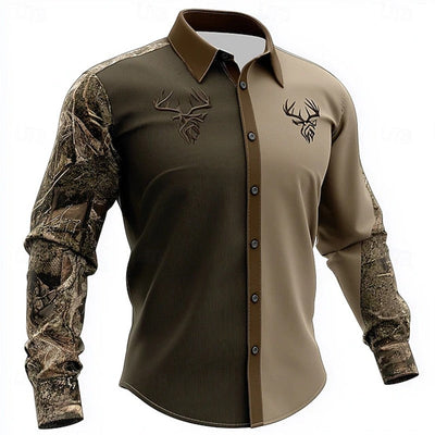 Retro Men's 3D Reindeer Print Shirt Men's Long-sleeved Shirt Breathable Casual Button Loose Top Ethnic Retro Lapel Shirt