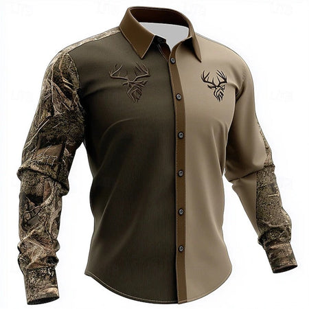 Retro Men's 3D Reindeer Print Shirt Men's Long-sleeved Shirt Breathable Casual Button Loose Top Ethnic Retro Lapel Shirt