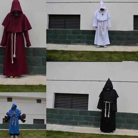 Halloween Wizard Cosplay Medieval Monk Hooded Robe Costume Mask Hat For Men Steampunk Priest Horror Masquerade Unisex Cloak Cape