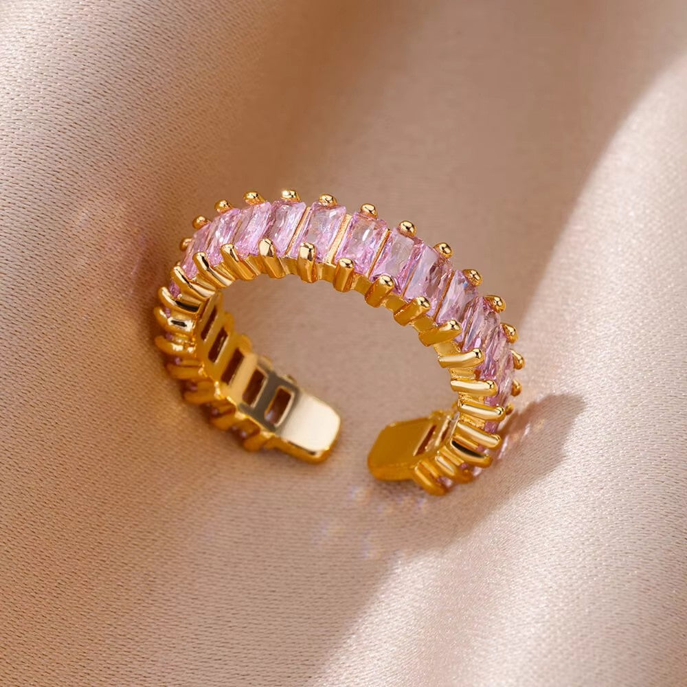 Luxury Stainless Steel Rings Gold Plated Colorful Stone Zircon Crystal Heart Ring For Women Wedding Boho Jewelry Christmas Gift
