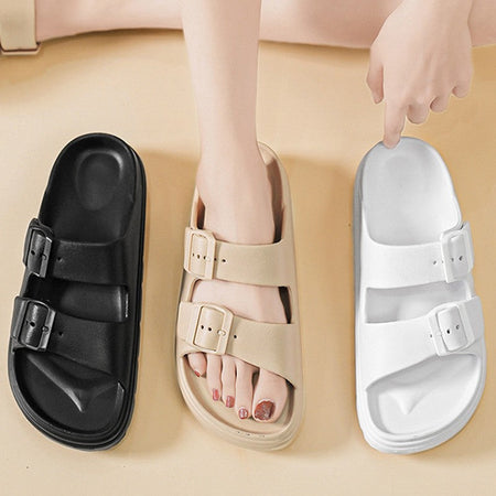 Bebealy Summer Breathable Soft-soled Beach Shoes Women Outdoor Double Buckle Embellished Sandals Non-slip Thick Sole Slippers