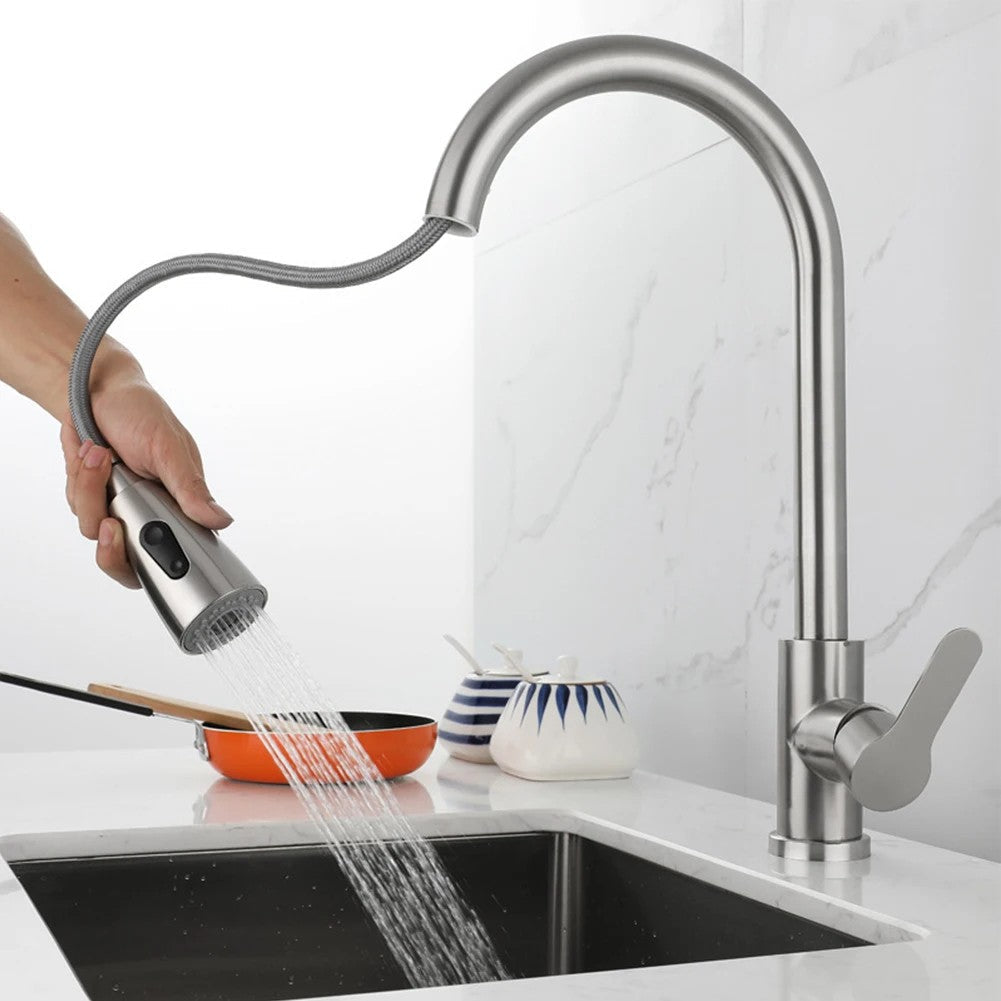 Kitchen Faucets Brushed Nickel Pull Out Kitchen Sink Water Tap Deck Mounted Mixer Stream Sprayer Head Hot Cold Taps Sliver