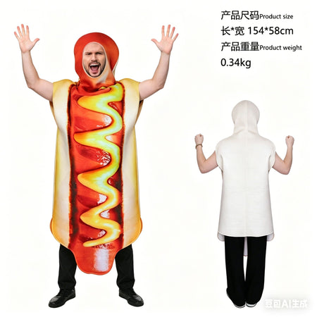 Adult Funny 3D Print Hot Dog Costume Halloween Food Sausage Pizza Burger French Fries Cosplay One-Piece Costume Party Jumpsuit
