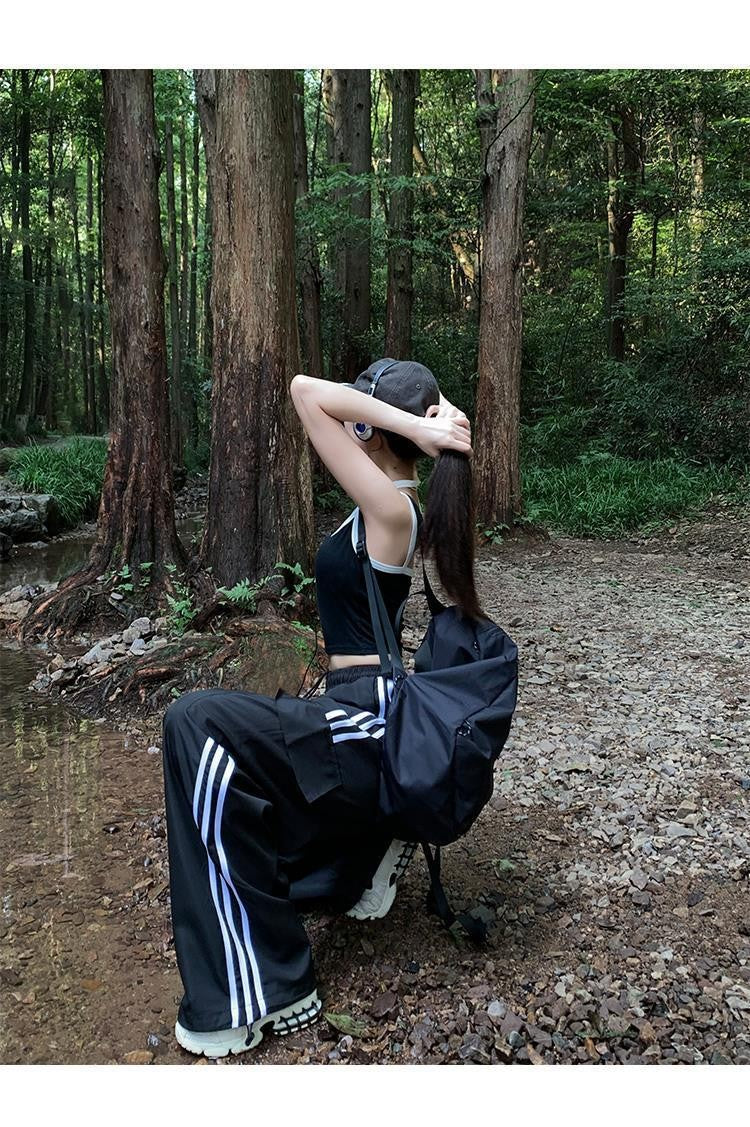 Women Casual Baggy Stripe Cargo Pants Solid Low Waist Joggers Pants Drawstring Wide Leg Baggy Trousers Y2K Streetwear Sweatpants