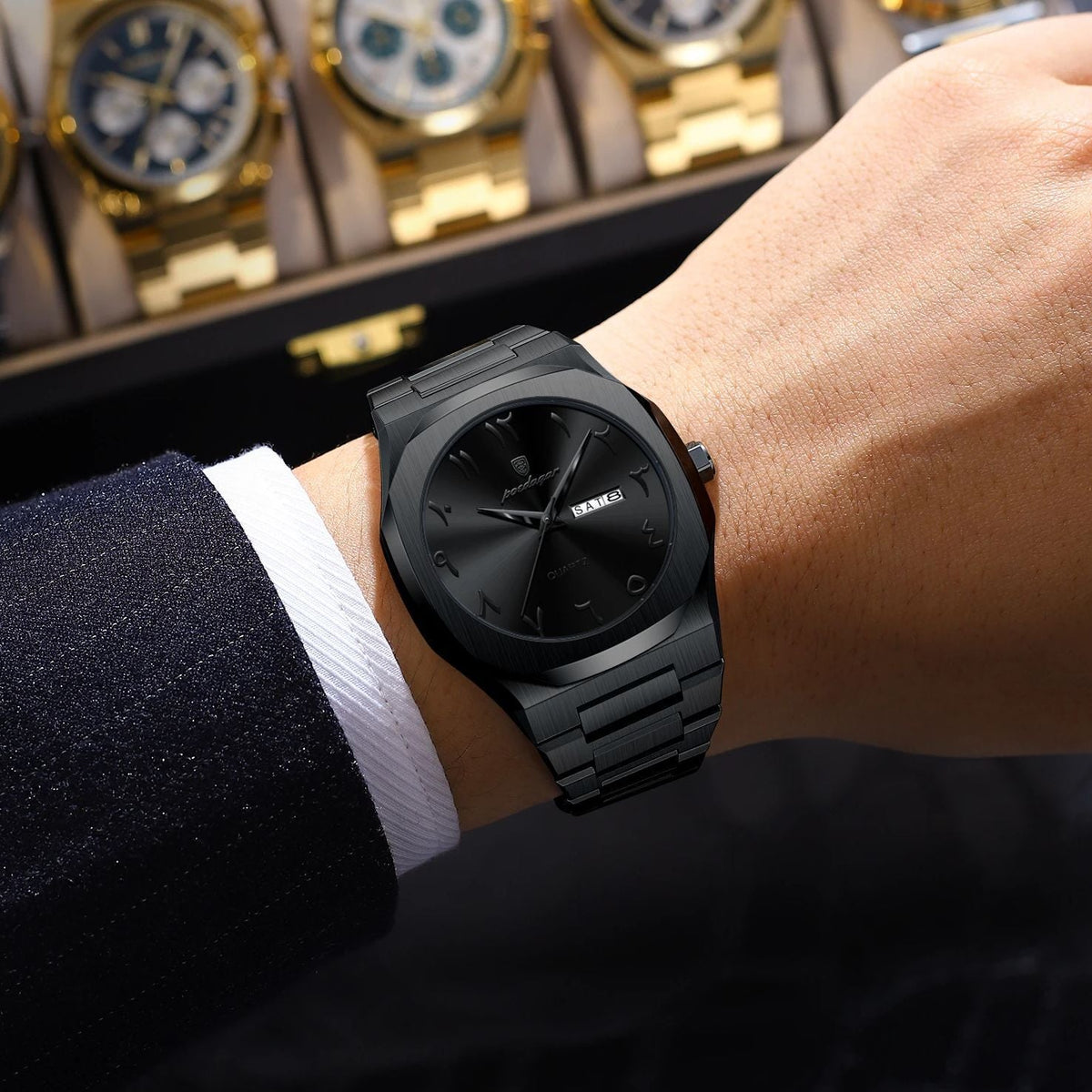 POEDAGAR Fashion High Quality Men Clock Date Week Waterproof Watch For Man Quartz Stainless Steel Luxury Men's Watches Reloj+Box