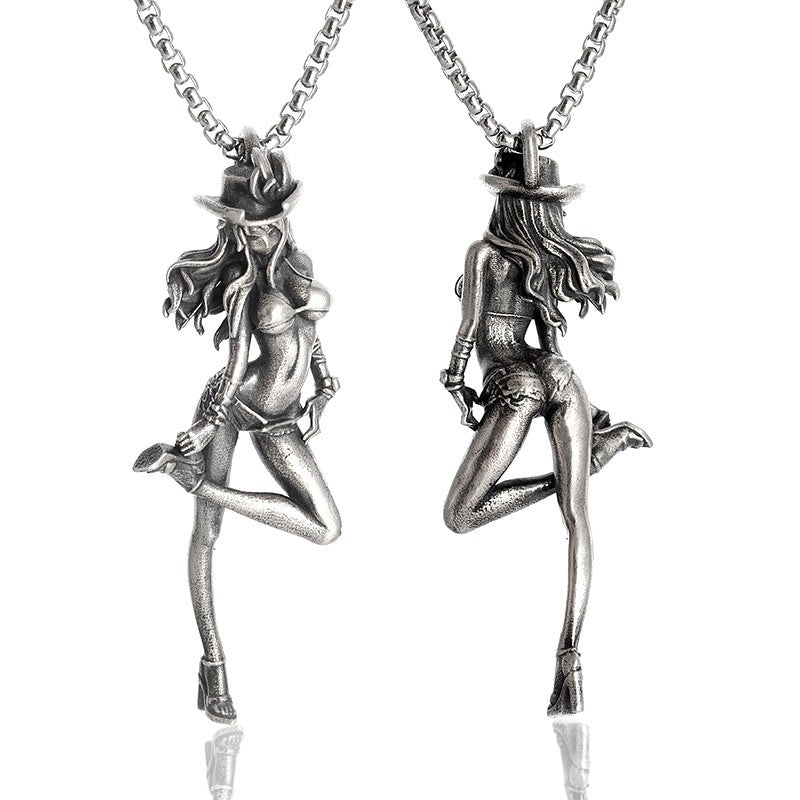Silver-Plated Anime Mecha Beautiful Girl Girl Pendant Necklace Men and Women Hip-Hop Rock Punk Trendy Jewelry Gift